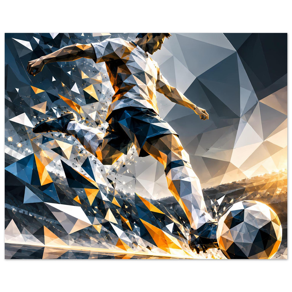 Fußball-Actionposter: geometrischer Fußballspieler mit Ball, blaue und orange Farbflächen