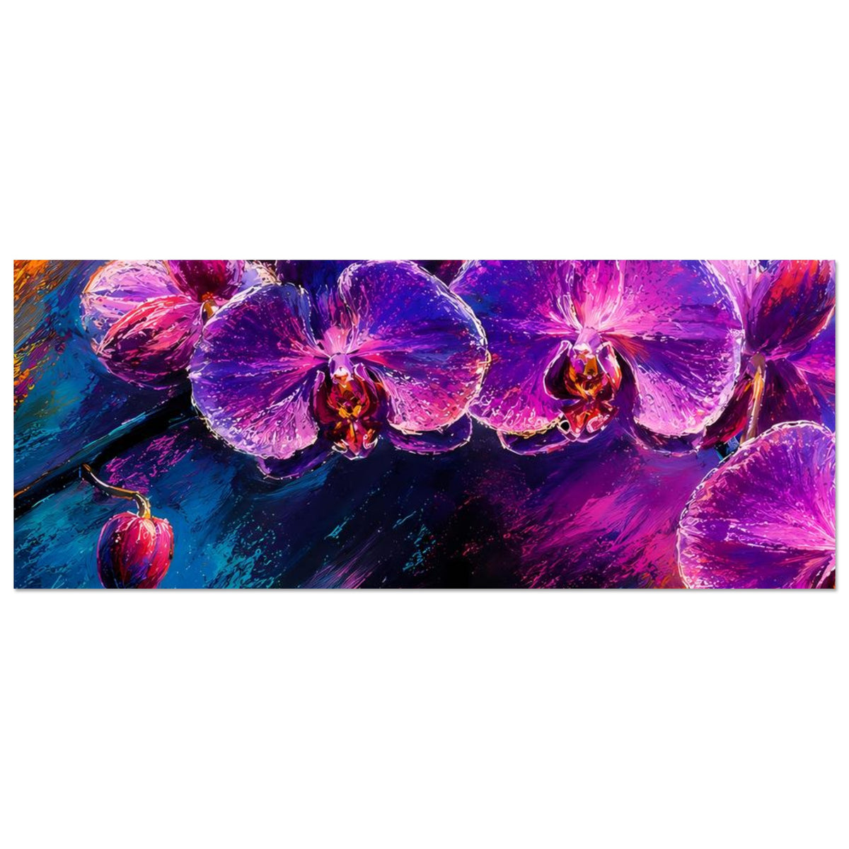 Horizontales Blumenposter mit Orchideenblüten in Violett und Pink, abstrakte Farbstriche