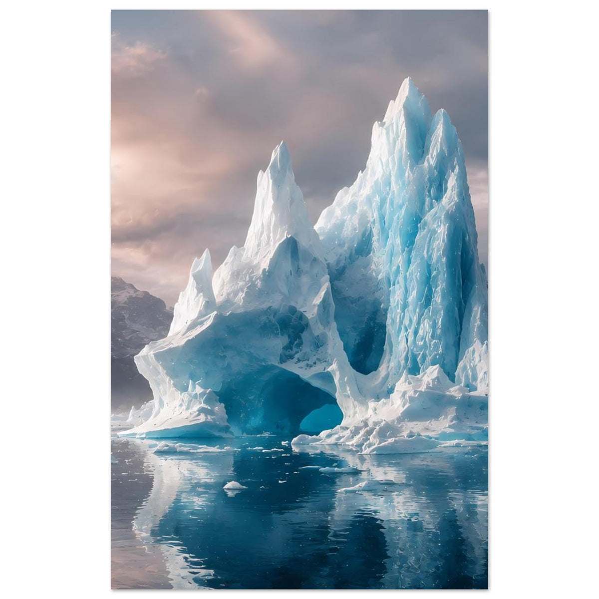 Arktis-Eisberg-Poster im Hochformat: blau-weißes Eis mit breiter Wasserlinie.