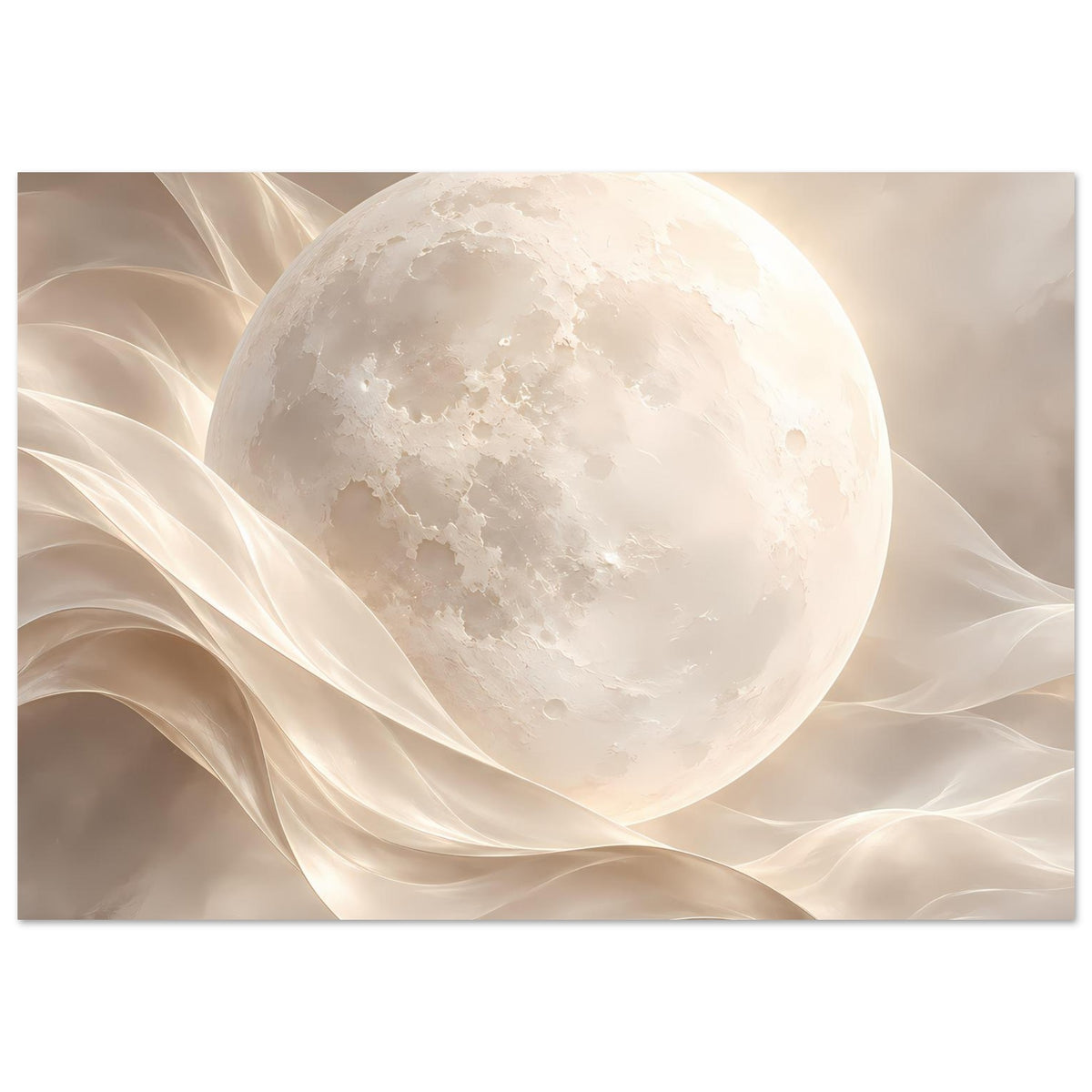 Kunstdruckposter mit Vollmond und schimmernden, fließenden Schleifen in Beige/Creme-Tönen