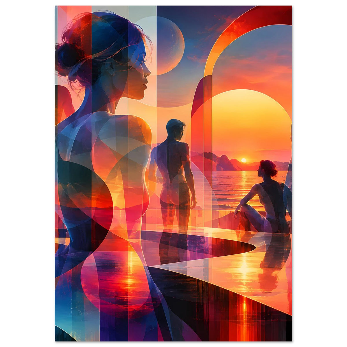 Kunstposter im Hochformat mit Silhouetten am Sonnenuntergang, Orange/Blau.