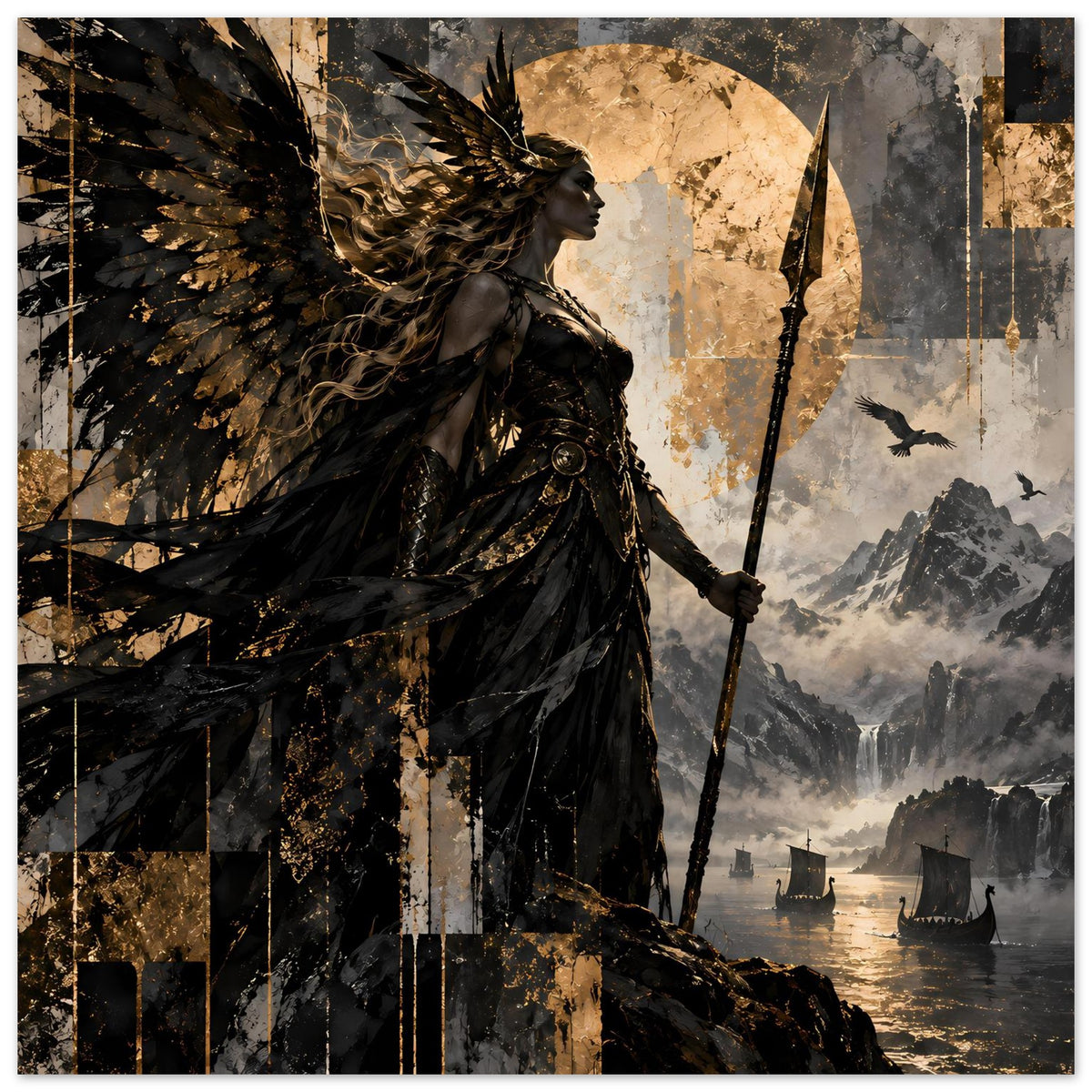 Mythisches Kunstposter: Kriegerin mit schwarzen Flügeln, Speer und goldenem Mond