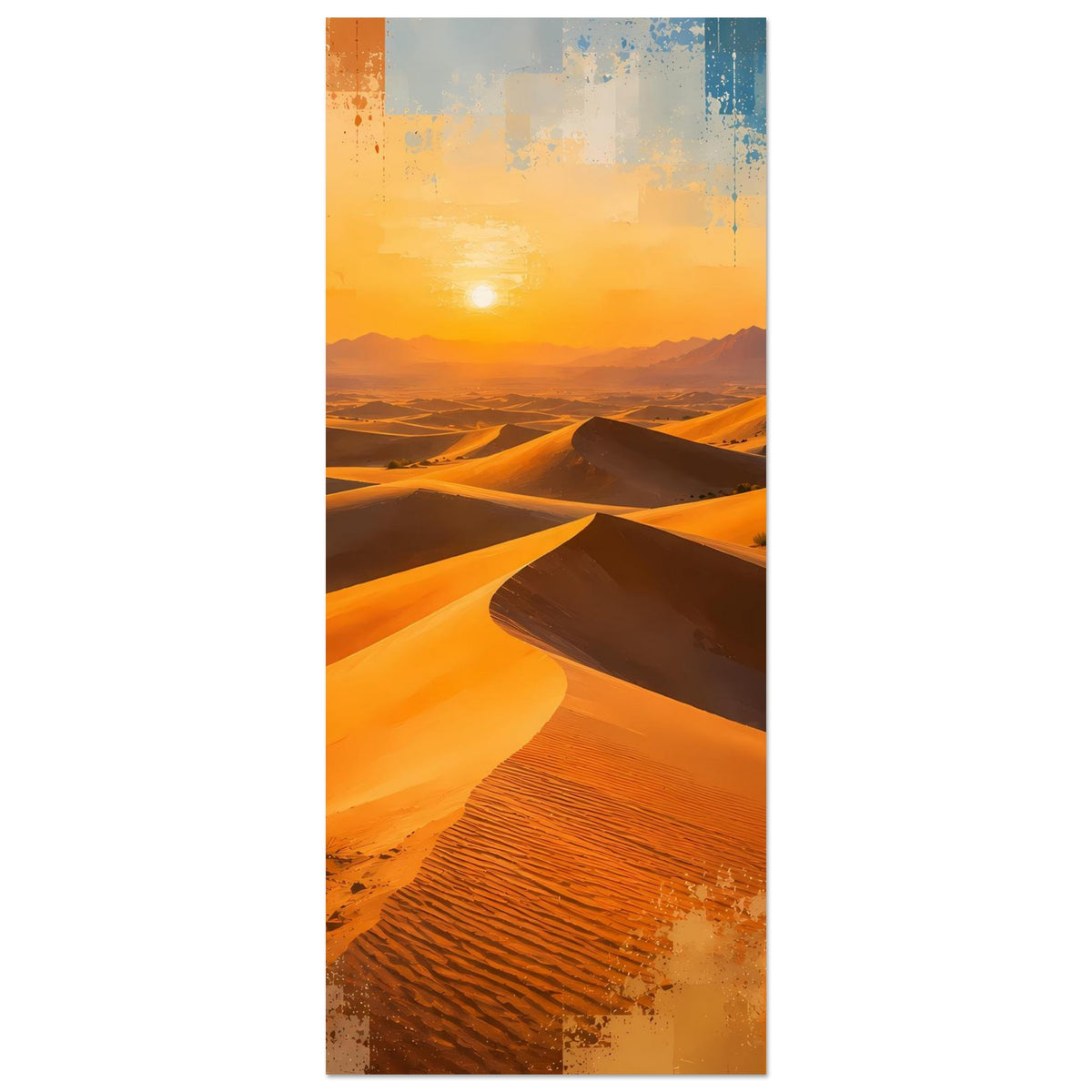 Wüstenlandschafts-Poster im Hochformat: Dünen, Sonne und Himmel in warmen Erdtönen