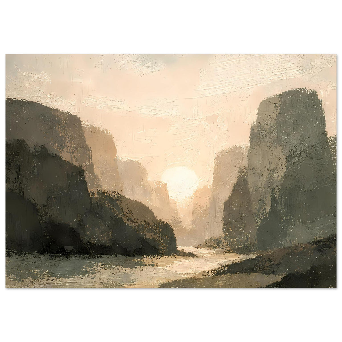 Poster Sonnenuntergangs-Landschaft im Querformat: goldene Sonne, dunkle Schluchtwände