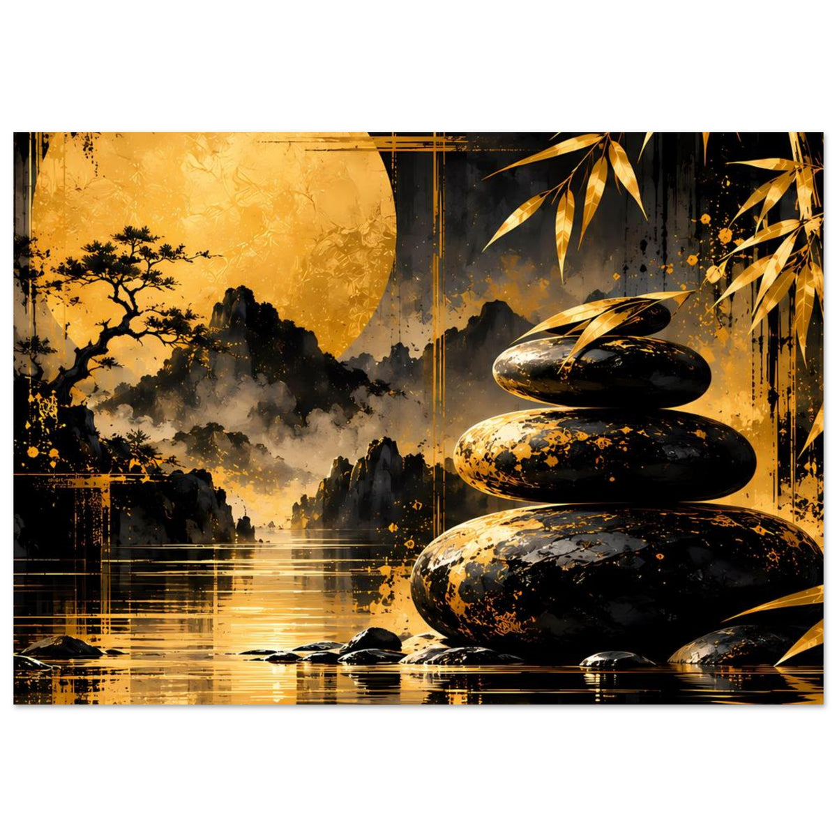 Poster mit goldener Mondscheibe, Zen-Steinen und Bambuszweigen, schwarze Wasserspiegelung
