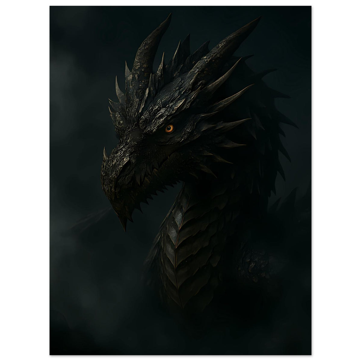 Dunkles Drachenkopf-Fantasyposter mit orangefarbenem Auge und ausgebreiteten Stacheln