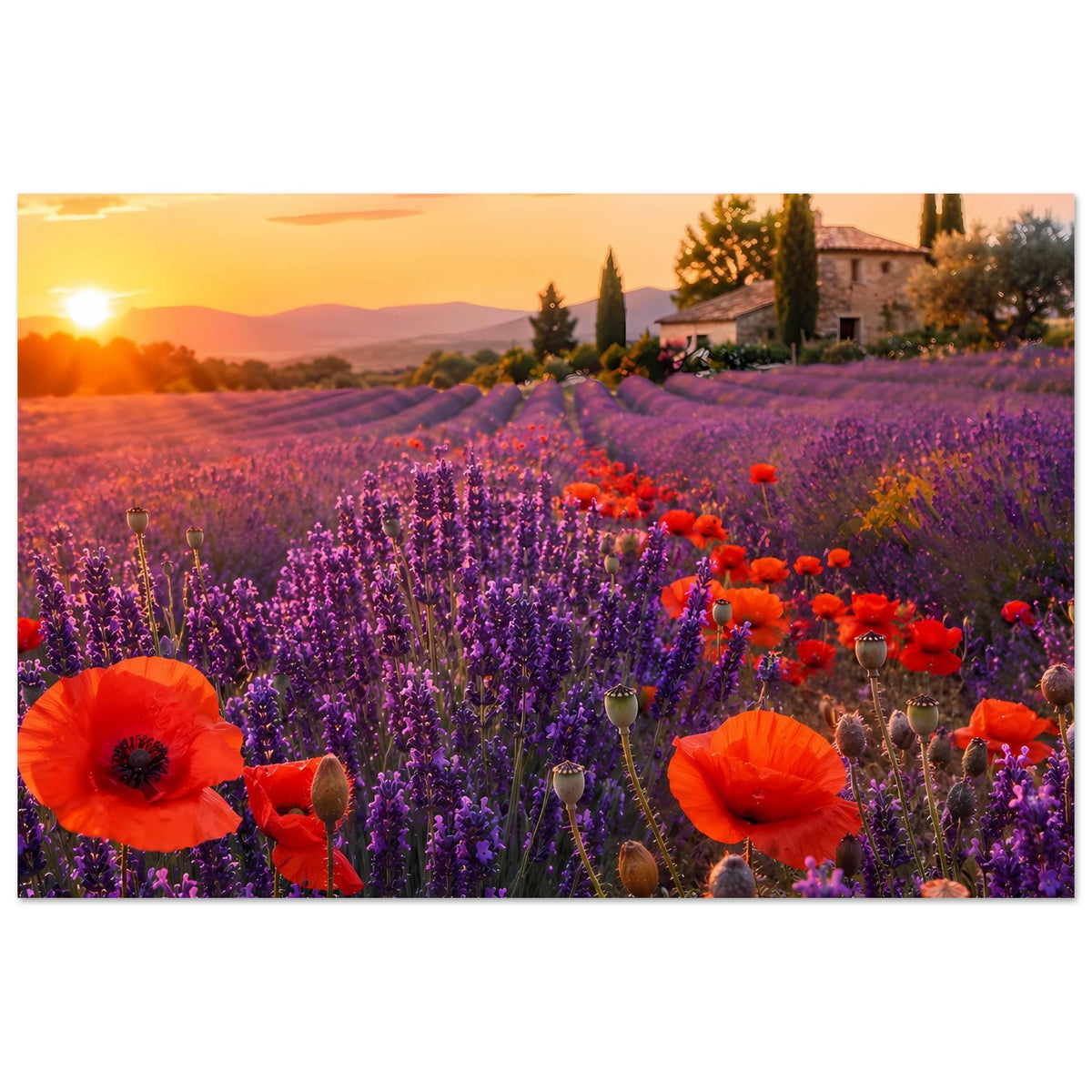 Blumenposter, Querformat: violettes Lavendelfeld mit orangefarbenen Mohnblumen und Landhaus