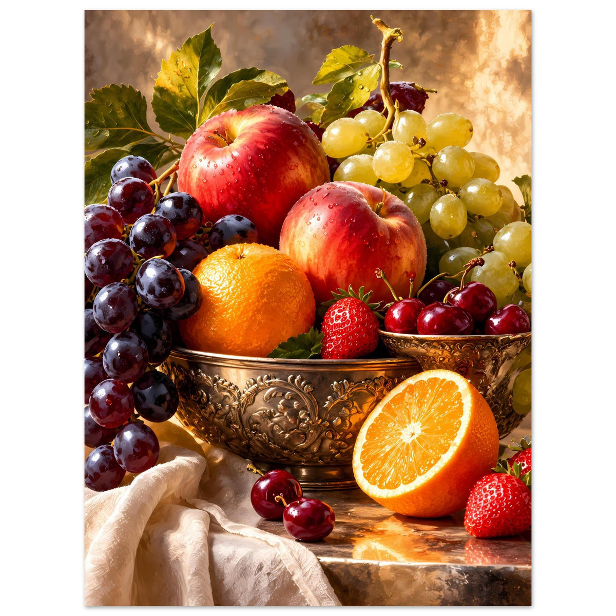 Obst-Stillleben-Poster: Kupferschale voller Trauben, Äpfel, Orangenstück und Erdbeeren