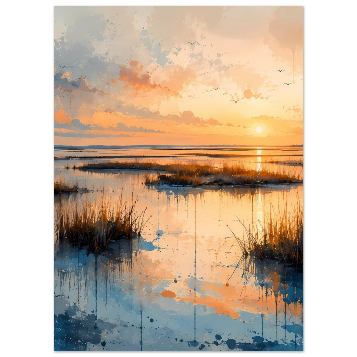 Poster mit Sonnenball am Horizont, ruhigem Wasser und Schilf, dazu orangefarbener Himmel.