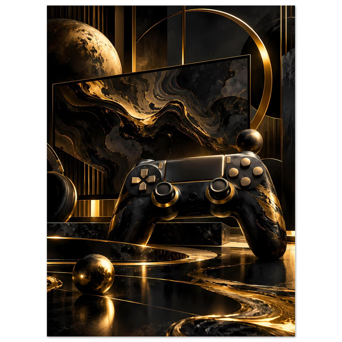 Gaming-Poster mit Gamecontroller in Schwarz und Gold, planetenartige Kugel und Lichtbögen