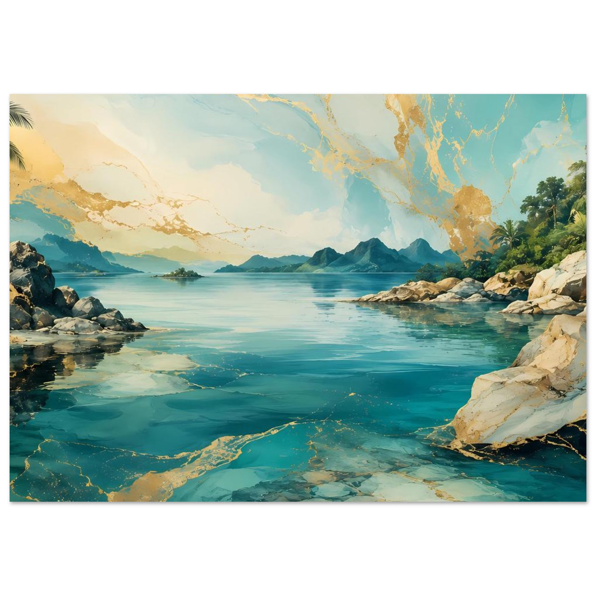Horizontales Küstenlandschafts-Poster mit türkisblauem Wasser, Felsen, Bergen und Palme