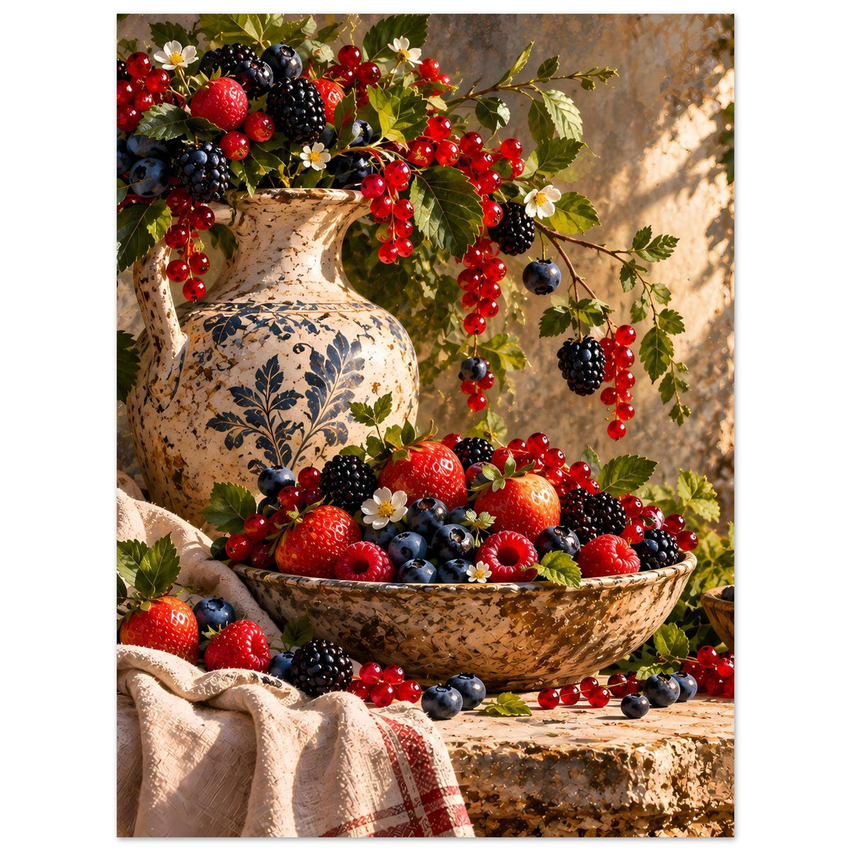 Beeren-Stillleben-Poster auf mattem Premiumpapier: Vase, Beeren, Blumen und Zweige