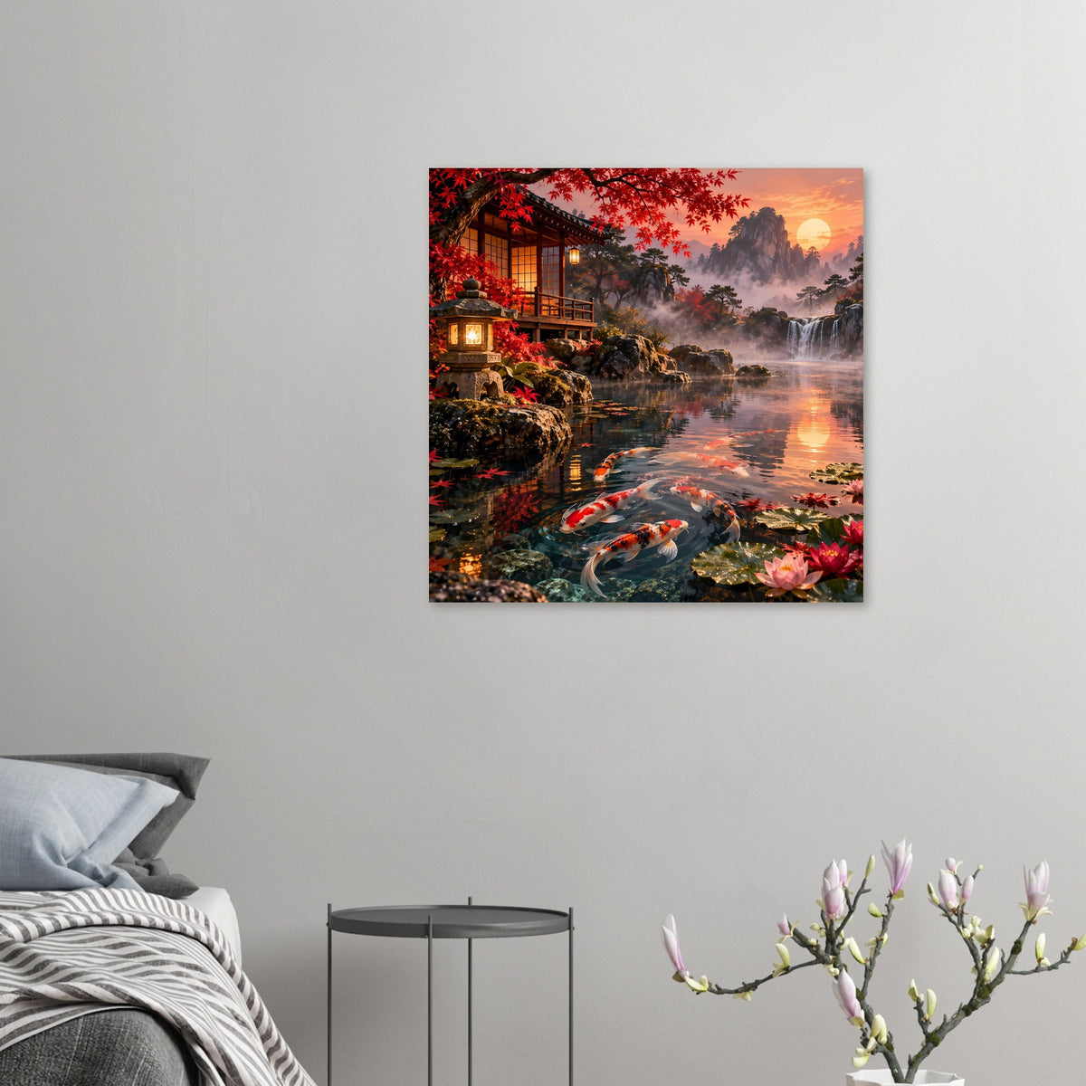 Gerahmtes Poster: Koi-Fische im Teich, Wasserfälle und farbiger Sonnenuntergang