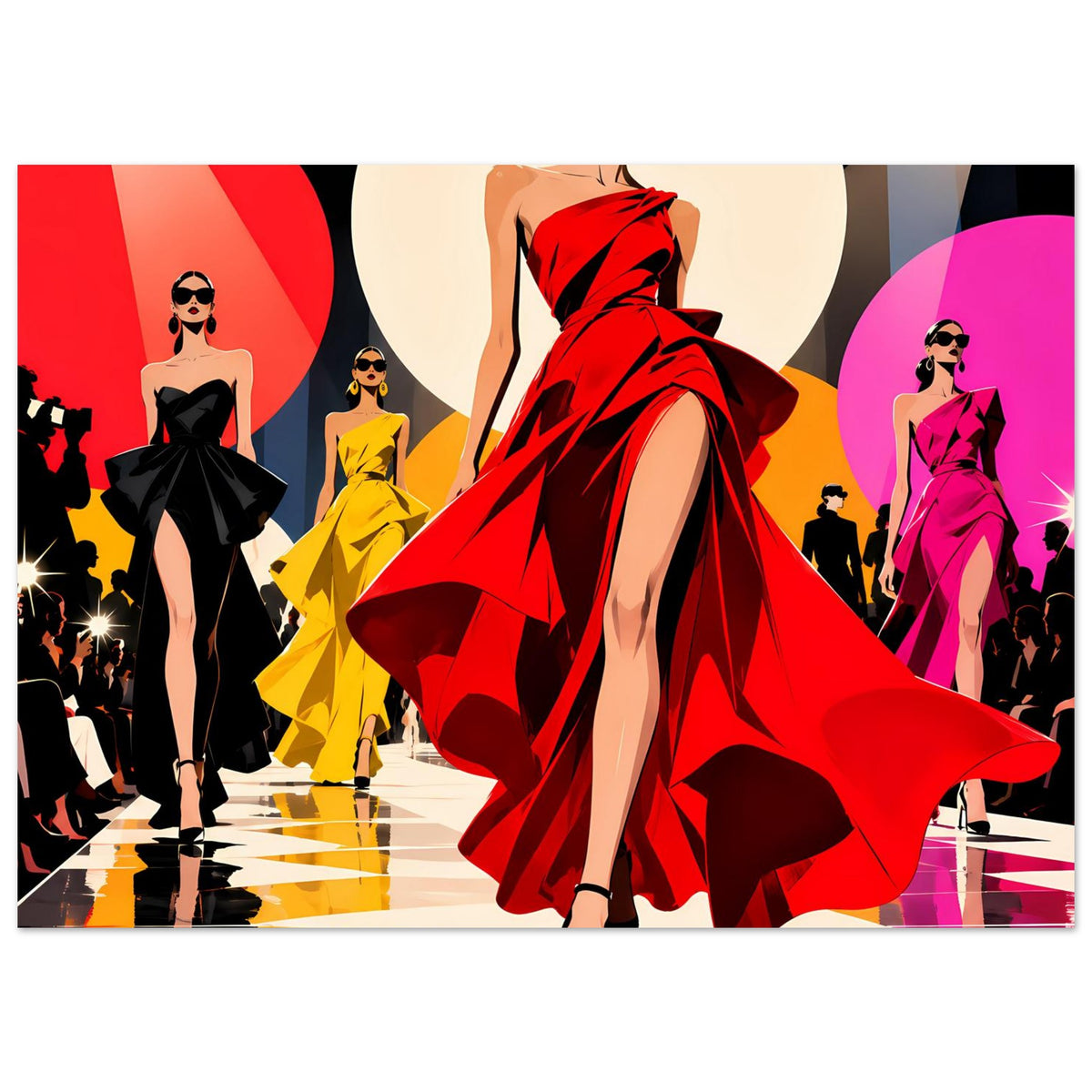 Pop-Art-Fashionposter: Model im roten Kleid auf dem Laufsteg, weitere Figuren in Gelb und Pink