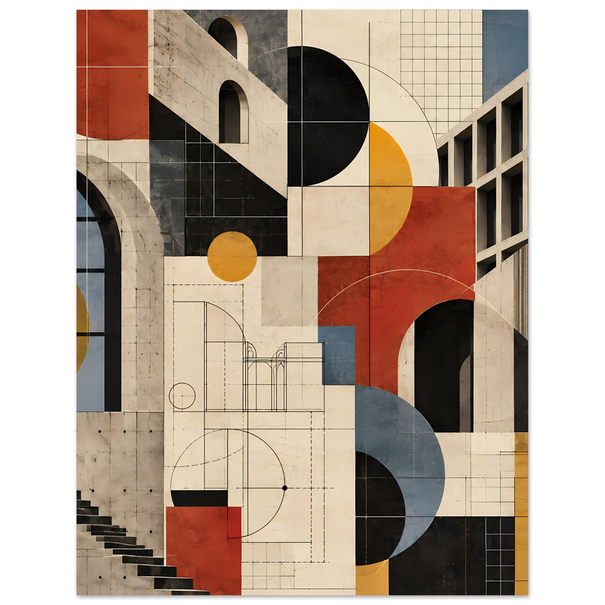 Kunstposter mit Bauplan-Optik und geometrischen Formen, Kreise in Terrakotta und Schieferblau