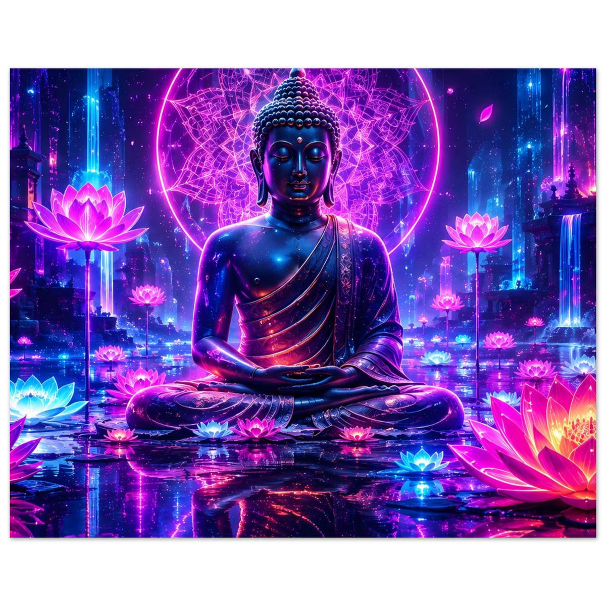 Neon-Buddha-Poster: blauer Buddha sitzend mit violetter Aura und leuchtenden Lotusblüten