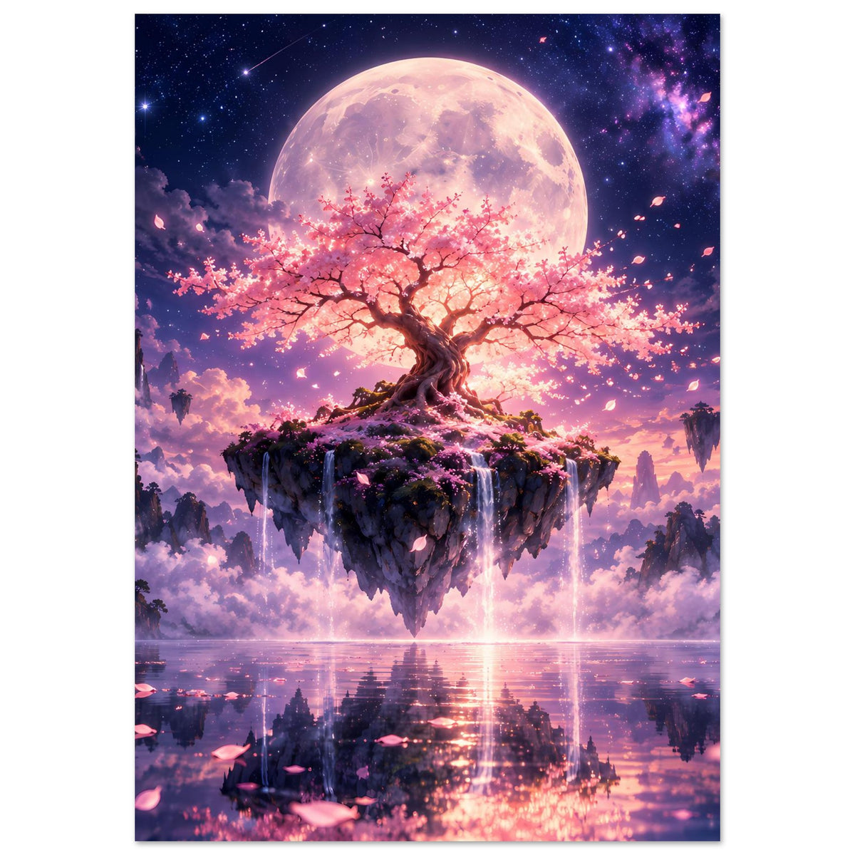 Hochformat-Poster: schwebender Kirschblütenbaum mit Mond, Sternen und Wasserreflexen.