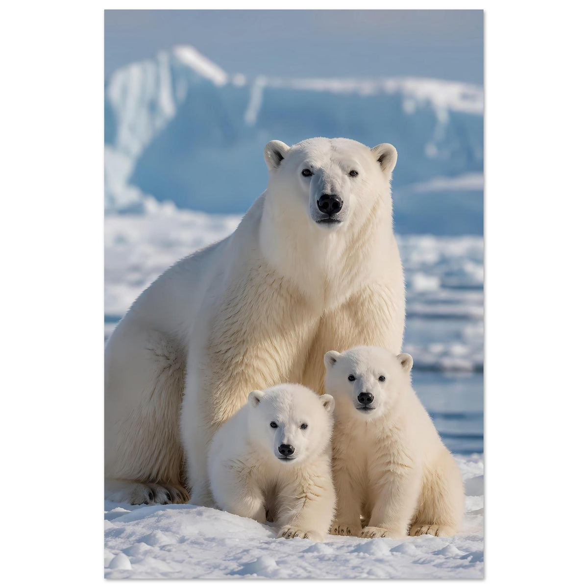 Vertikaler Kunstdruck Eisbärenfamilie, großer Eisbär und zwei Jungtiere auf Schnee