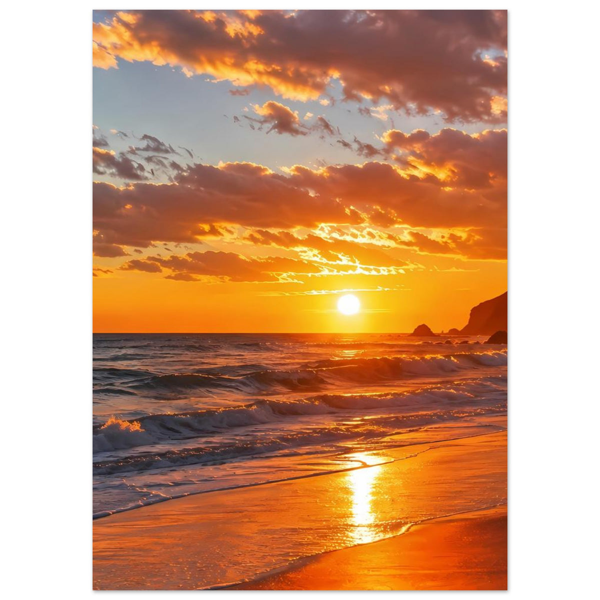 Vertikales Strand-Sonnenuntergangs-Poster mit Sonne am Horizont und goldenem Licht auf dem Strand