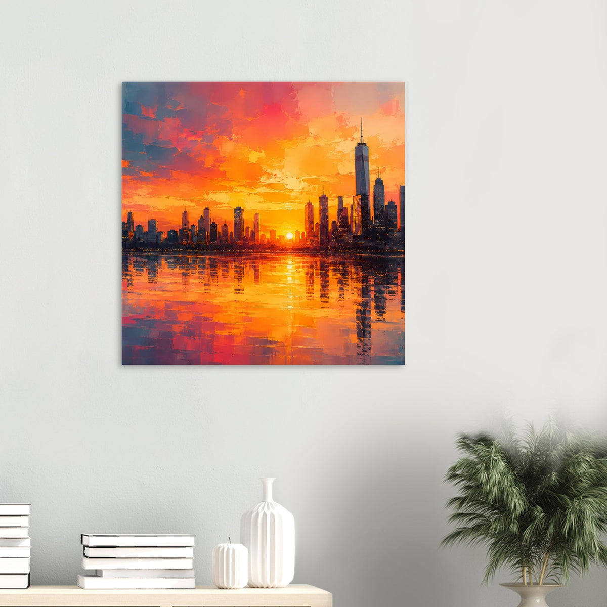 Poster mit leuchtender Großstadt-Skyline im Sonnenuntergang, gespiegelt im Wasser