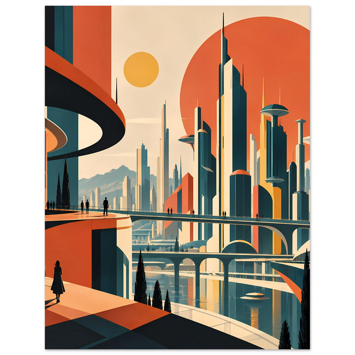 Poster mit stylisierten Wolkenkratzern, großer Sonne, türkis-orangen Gebäuden und Promenade