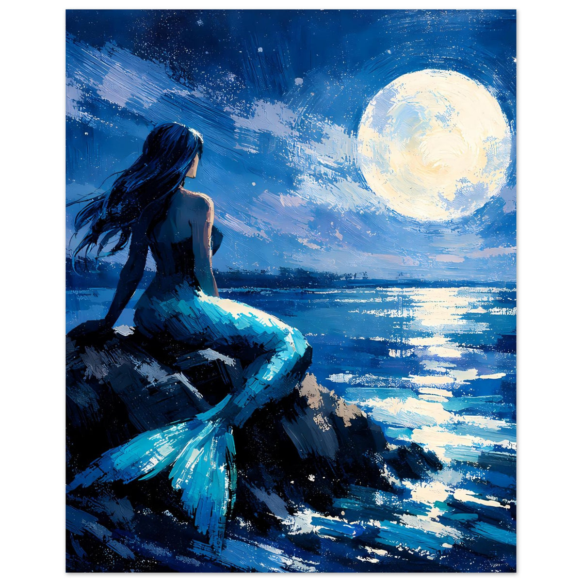 Premium-Matte Poster im Hochformat mit Meerjungfrau und großem hellem Mond über See
