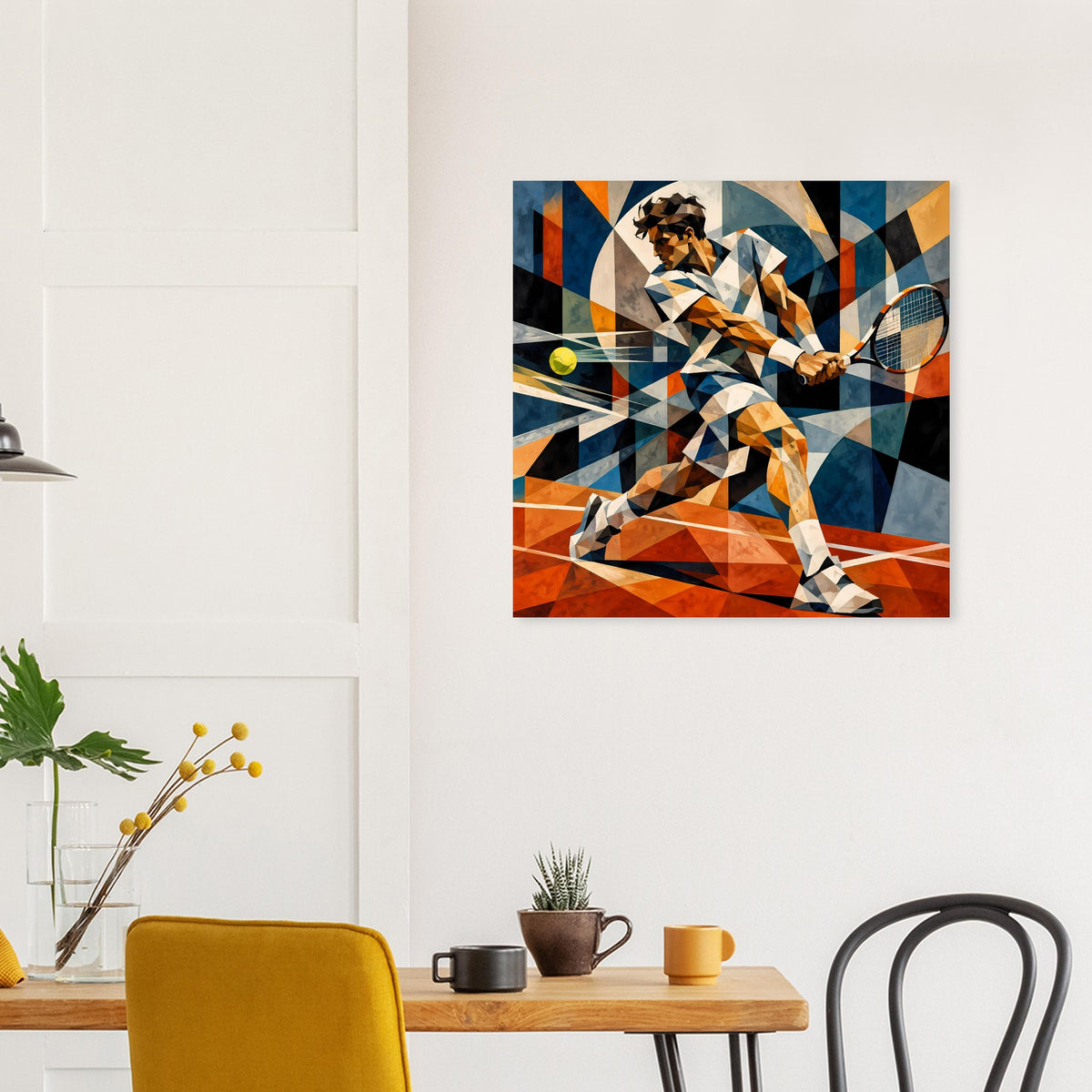 Quadratisches Kunstposter mit geometrischem Tennisspieler in Blau und Orange