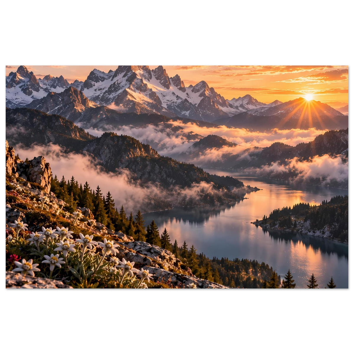 Sonnengold Poster: Panorama von Bergen und See im warmen Abendlicht, Blüten am Vorderhang