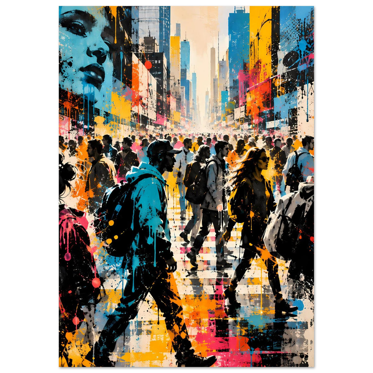 Street-Art-Poster im Hochformat: farbige Stadtgasse mit Figuren, Graffiti-Details und Farbklecksen