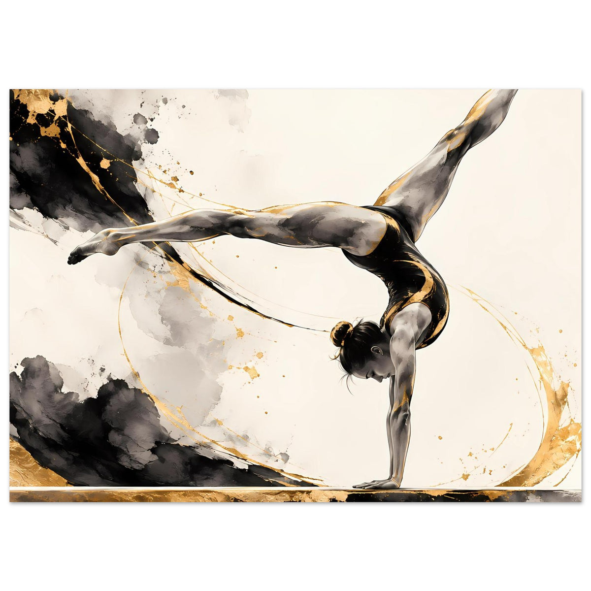 Gymnastikposter mit Handstand-Turnerin, schwarz-graue Formen, goldene Farbkleckse