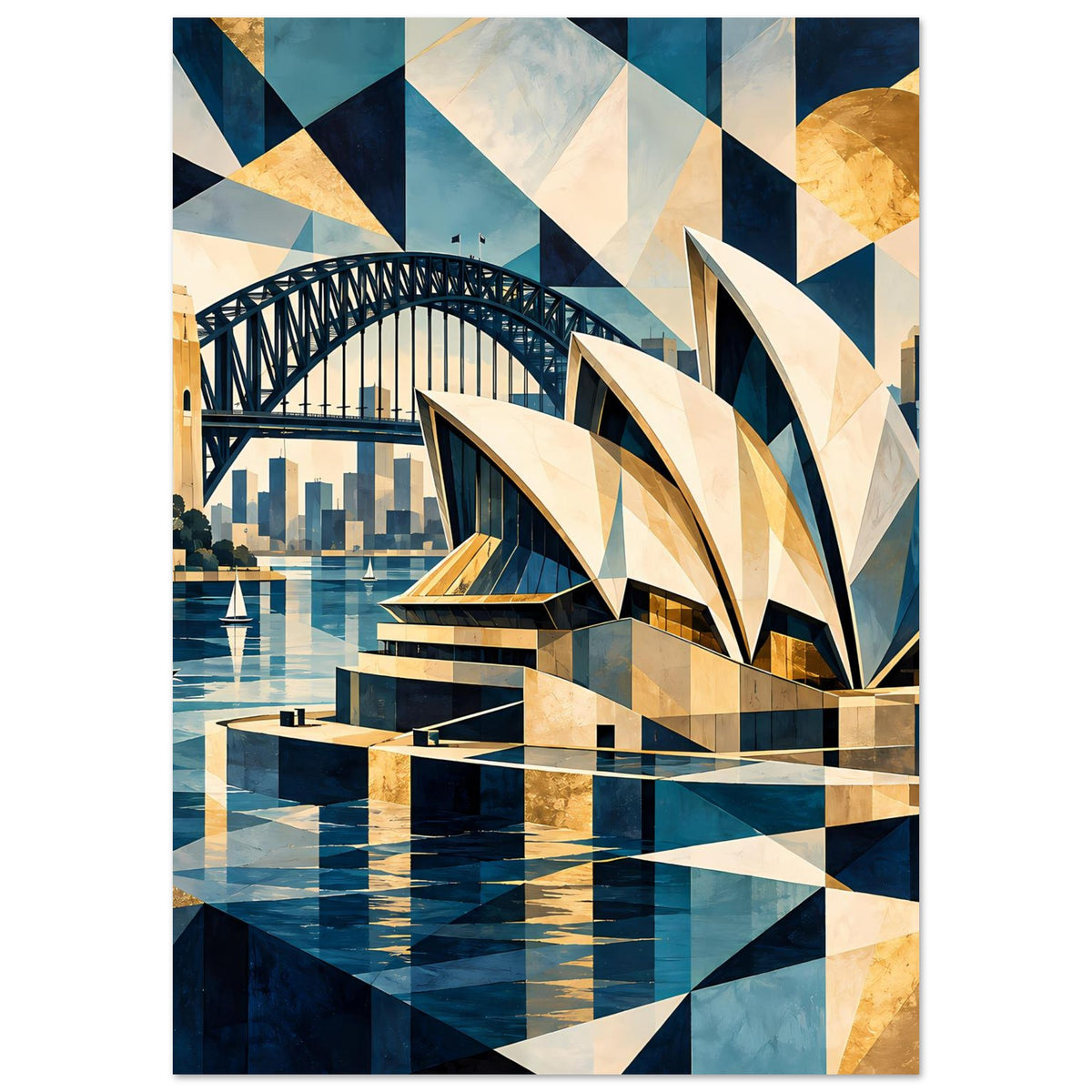 Poster, zentriert auf Opernhaus und Brücke, geometrische Formen im Hafenmotiv