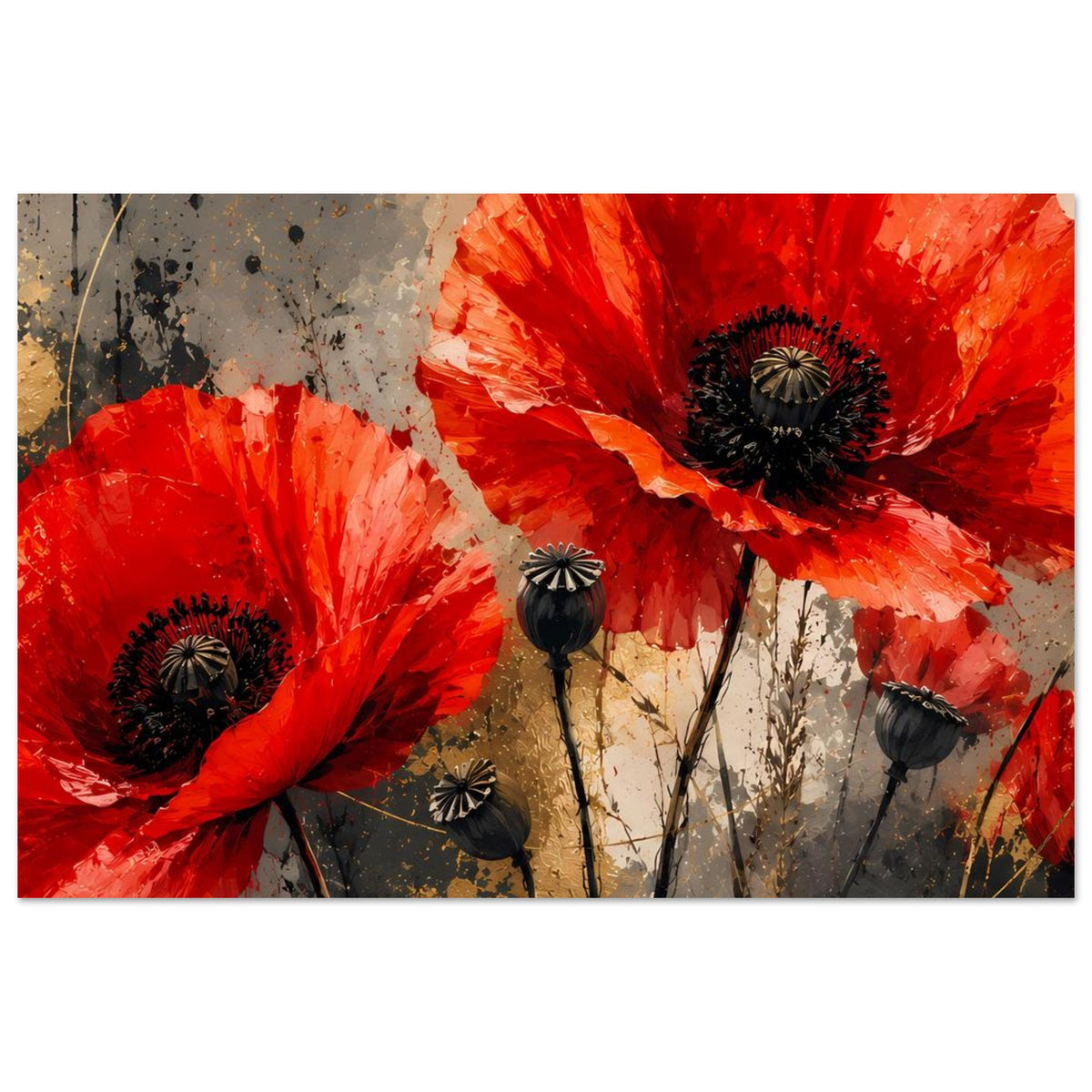 Querformat-Blumenposter mit roten Mohnblüten und dunklen Samenkapseln