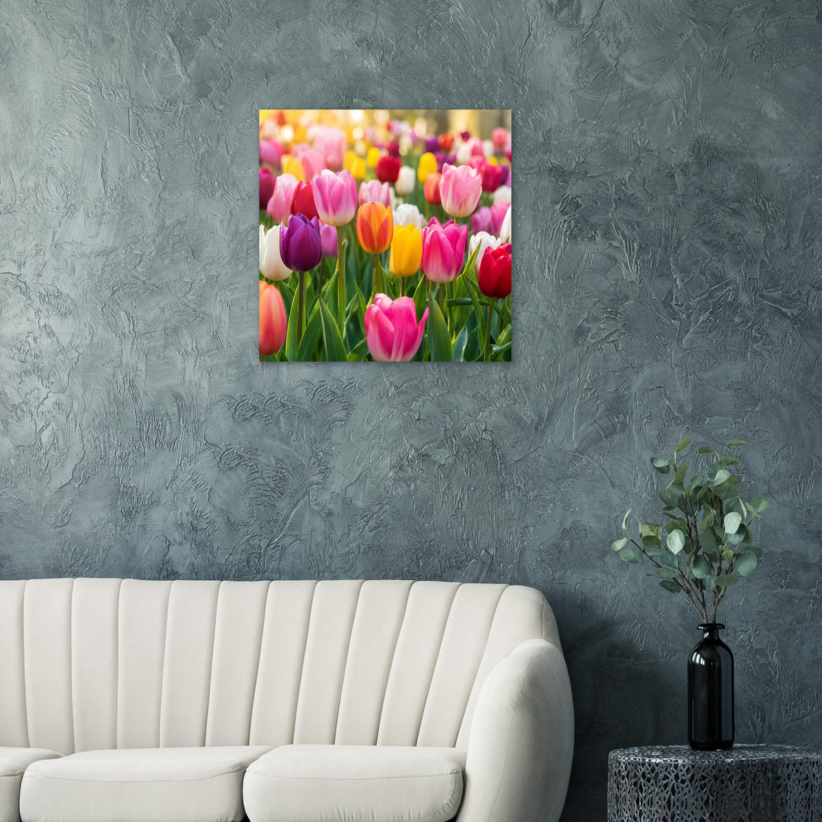 Quadratisches Poster mit buntem Tulpenmeer aus pinken und gelben Blüten