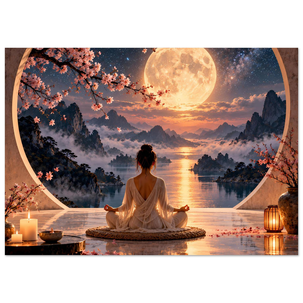 Meditationsposter mit Vollmond: Meditierende Person auf Kissen, Kerze und Laterne am Rand