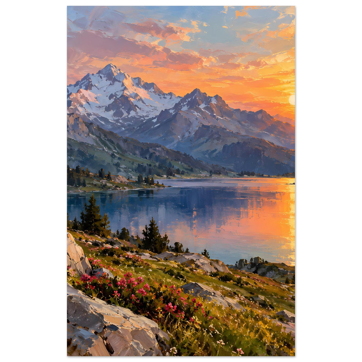 Poster im Hochformat: Bergsee bei Sonnenuntergang, Berge, orange Himmel, Blüten am Ufer