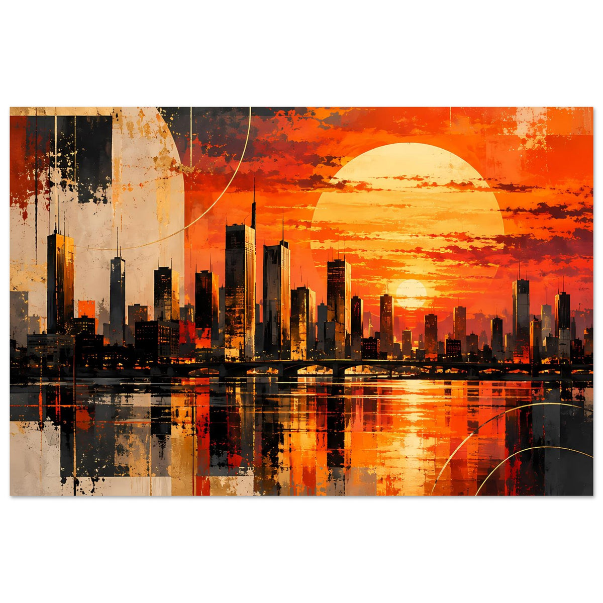 Poster: dunkle Wolkenkratzer-Silhouette, orange Sonnenuntergang, große Sonne, strukturierte Farbflächen