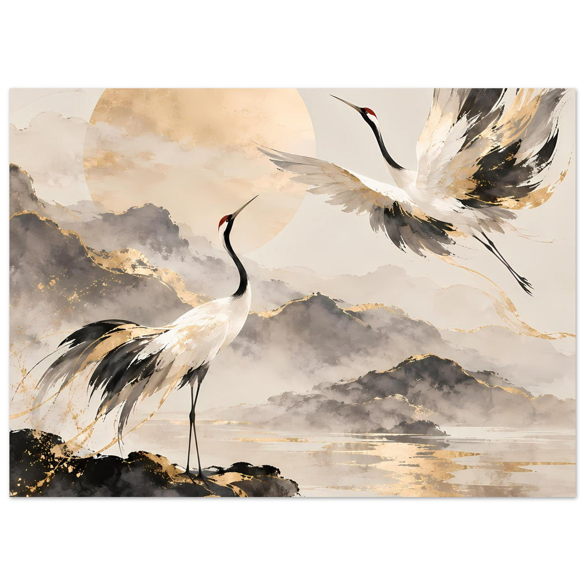 Horizontales Poster mit Kranichen über Berg- und Wolkenlandschaft in Gold und Grau