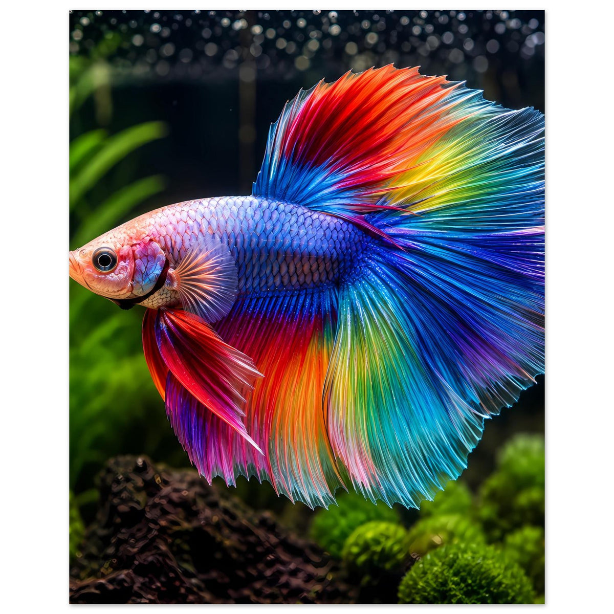 Betta-Fisch-Poster mit Regenbogenflossen und blauer Körperzeichnung, klarer Profilblick