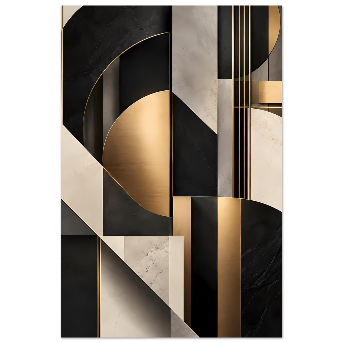 Geometrisches Kunstposter, vertikal: geschichtete Formen mit goldenen Linien und Marmor-Details.