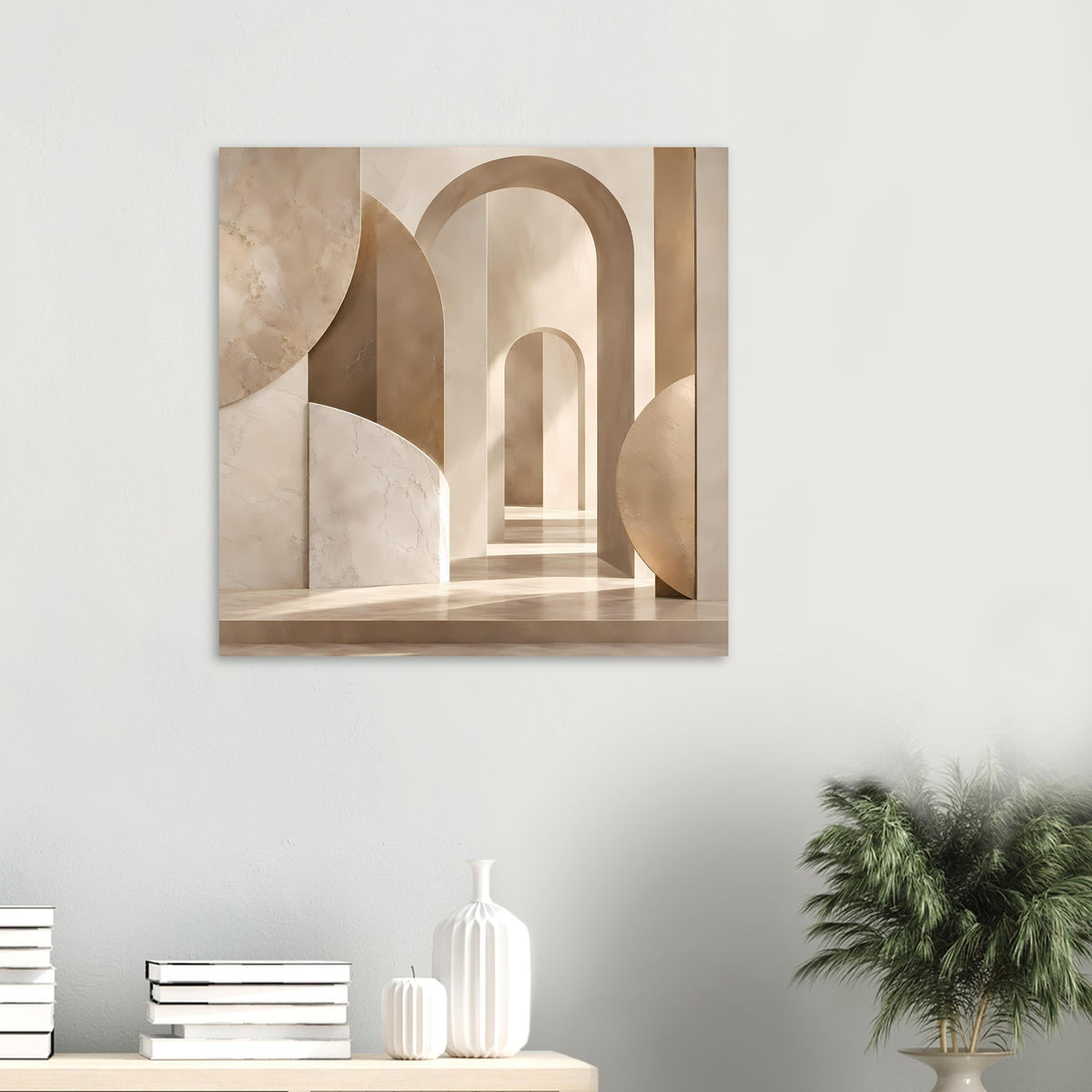 Kleines Kunstposter mit abstrakten Bögen in Beige, marmorierte Optik, horizontal