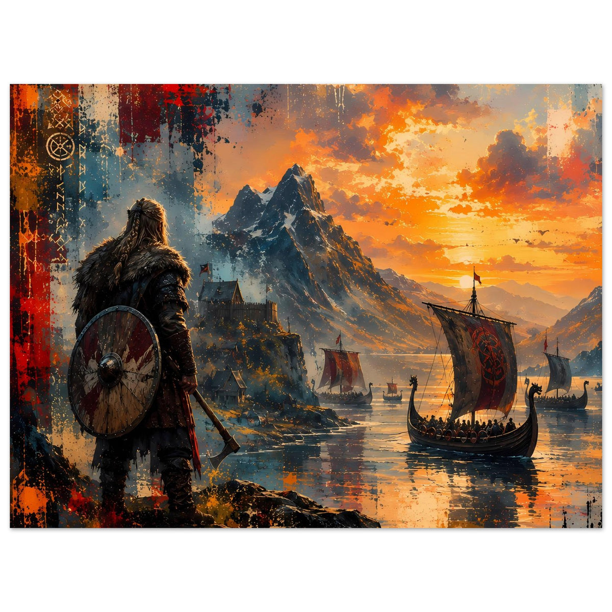 Querformat-Poster mit Wikingerkrieger und Drachenbooten vor Bergen bei goldener Abendsonne