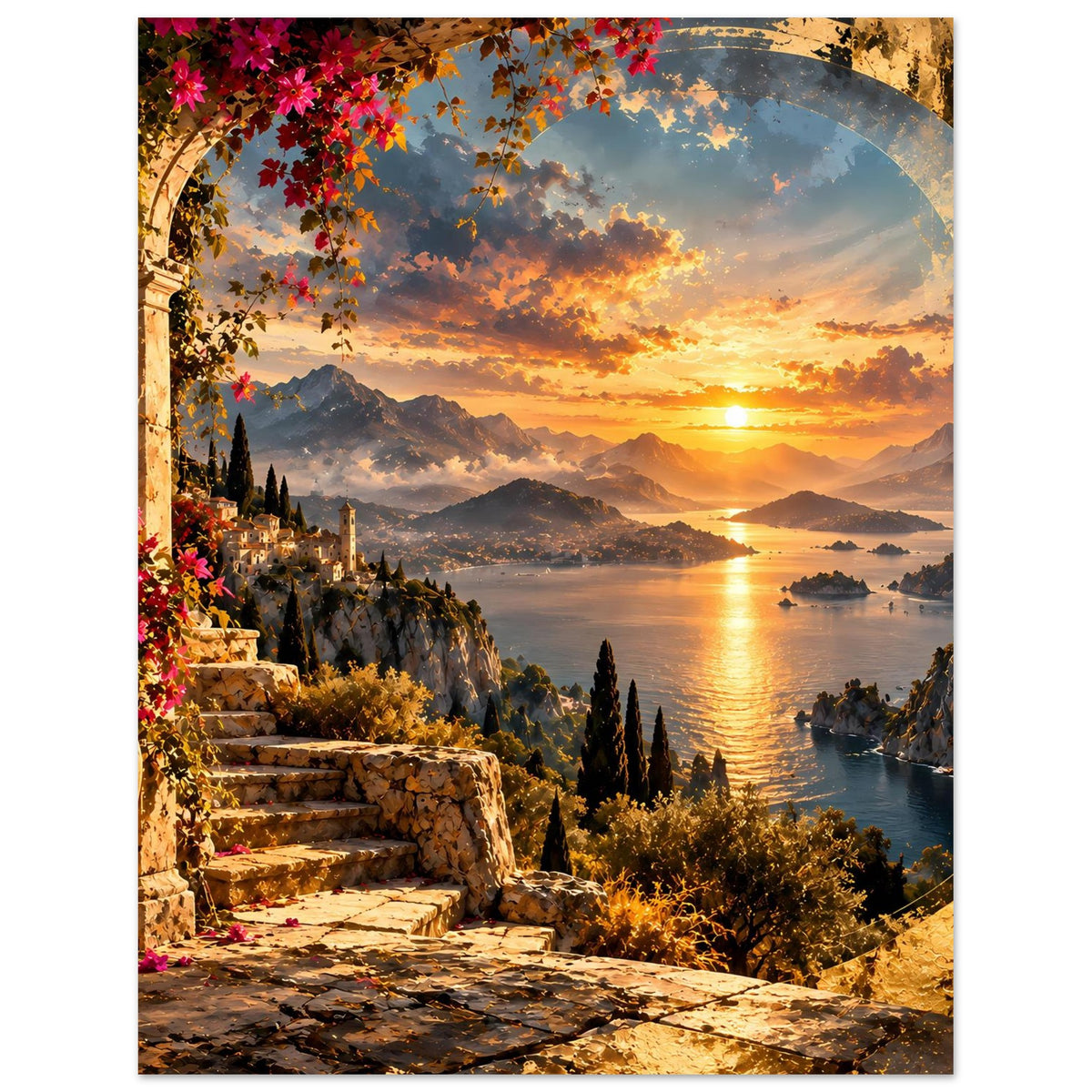 Küstenposter mit Landschaftsmotiv: Sonne über dem Meer, Berge in Dunst, Balkonstufen
