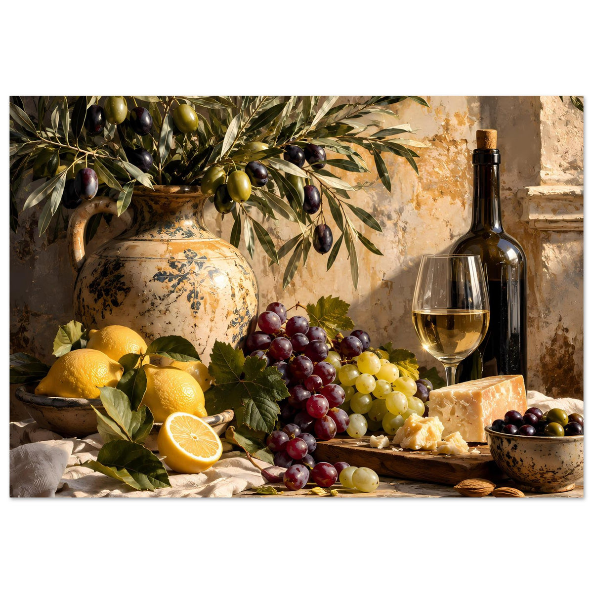 Still-Life-Poster mit Zitronen, Trauben, Weinflasche und Glaskelch; Olivenzweige im Vordergrund