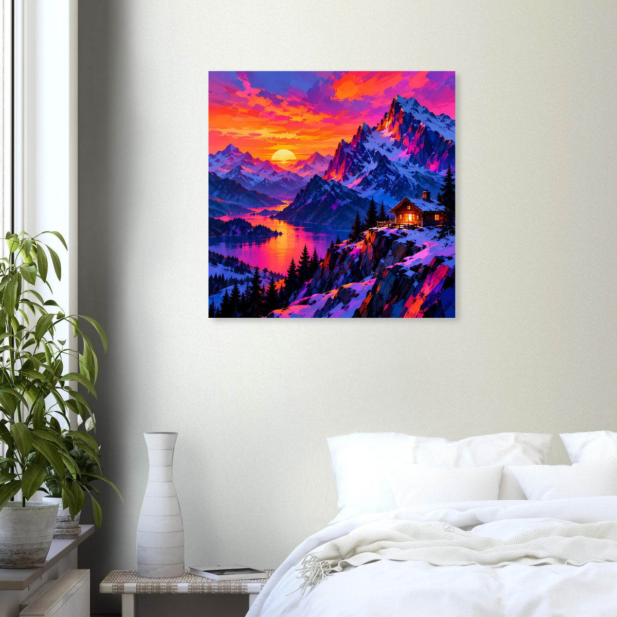 Quadratisches Wandposter mit Sonnenuntergang am Bergsee und Berggipfeln im Farbverlauf