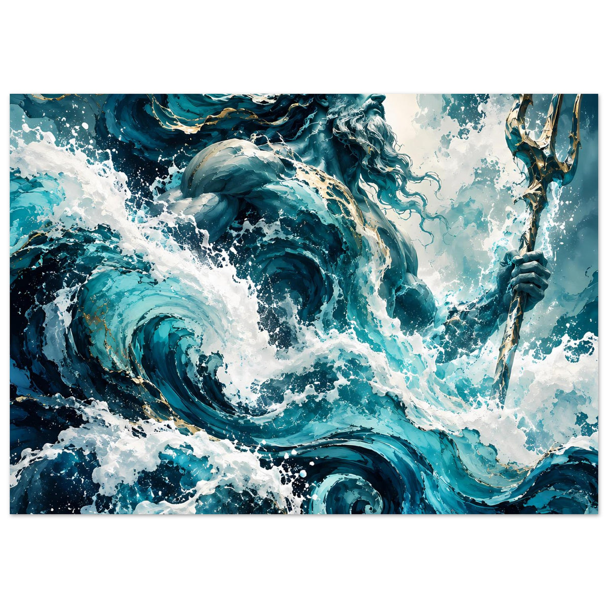 Poster mit Meer-Gott-Motiv: kraftvolle blaue Wasserwirbel, Gischt und goldene Details am Speer.