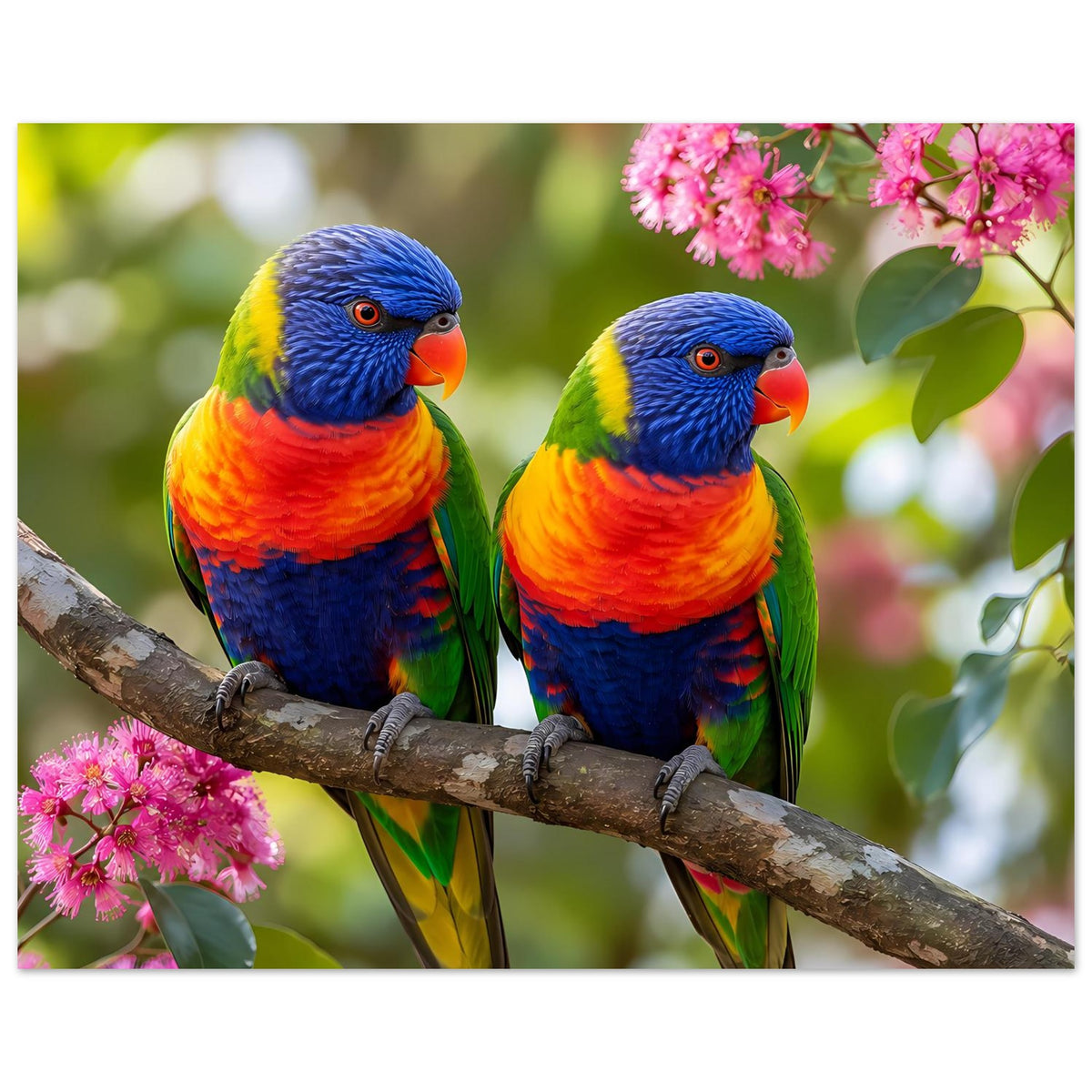 Poster mit zwei Regenbogenloris auf Ast, umgeben von rosa Blüten