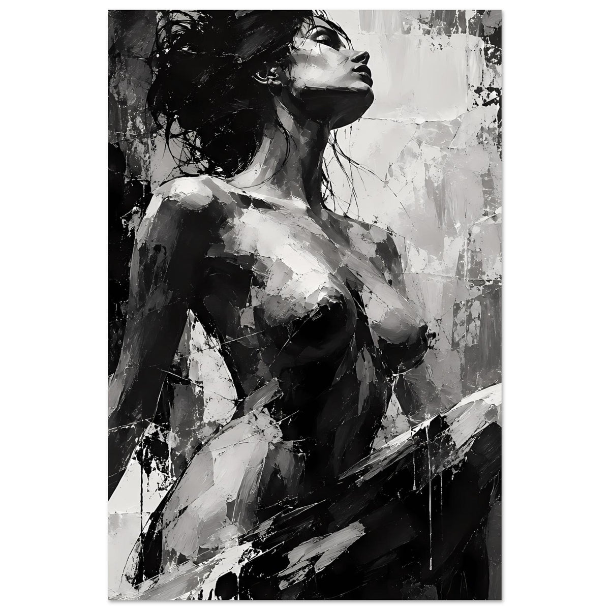 Schwarzweißes Kunstposter mit Frauenakt im Fokus, Kopf und Oberkörper in abstrakter Malerei