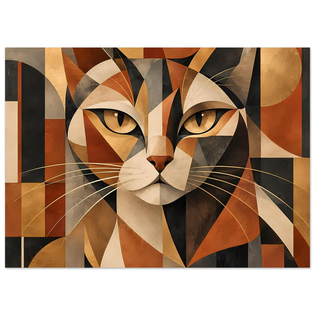 Geometrisches Katzenporträt-Poster in warmen Erdtönen, großes Katzengesicht im Viereckmuster
