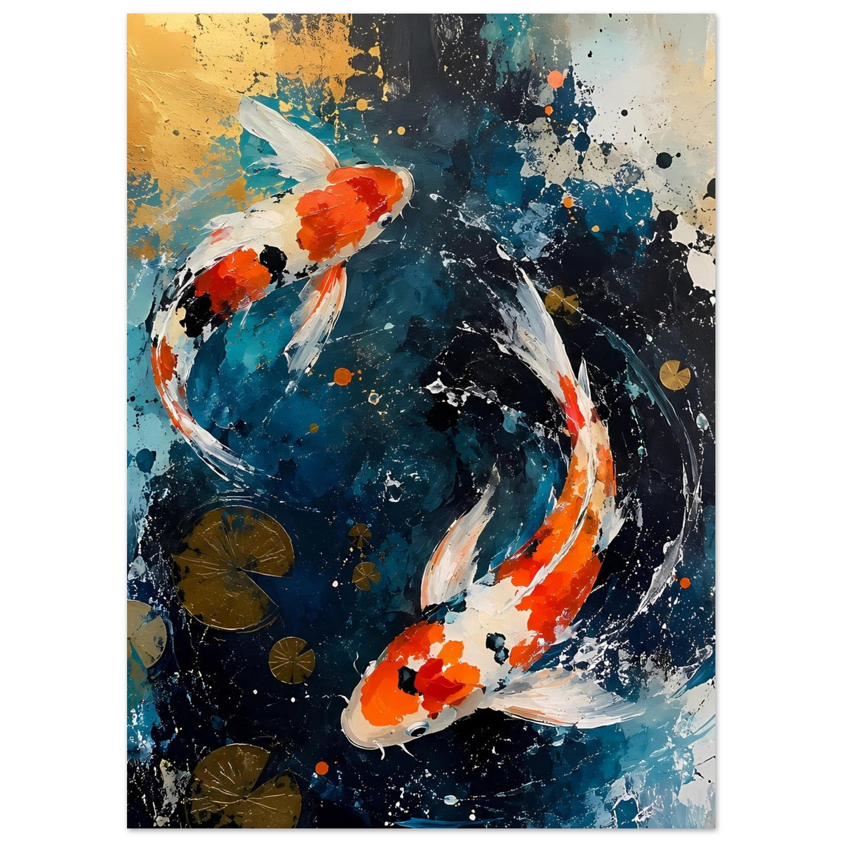 Abstraktes Poster: zwei Koi-Fische in Blau, Orange und Weiß, mit schwarzen Farbstrichen
