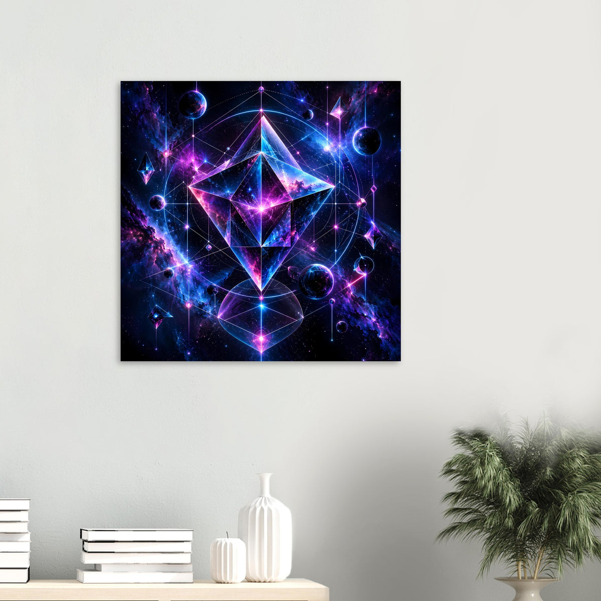 Quadratisches Wandposter mit geometrischem Stern in Blau- und Violetttönen, mit Rahmen